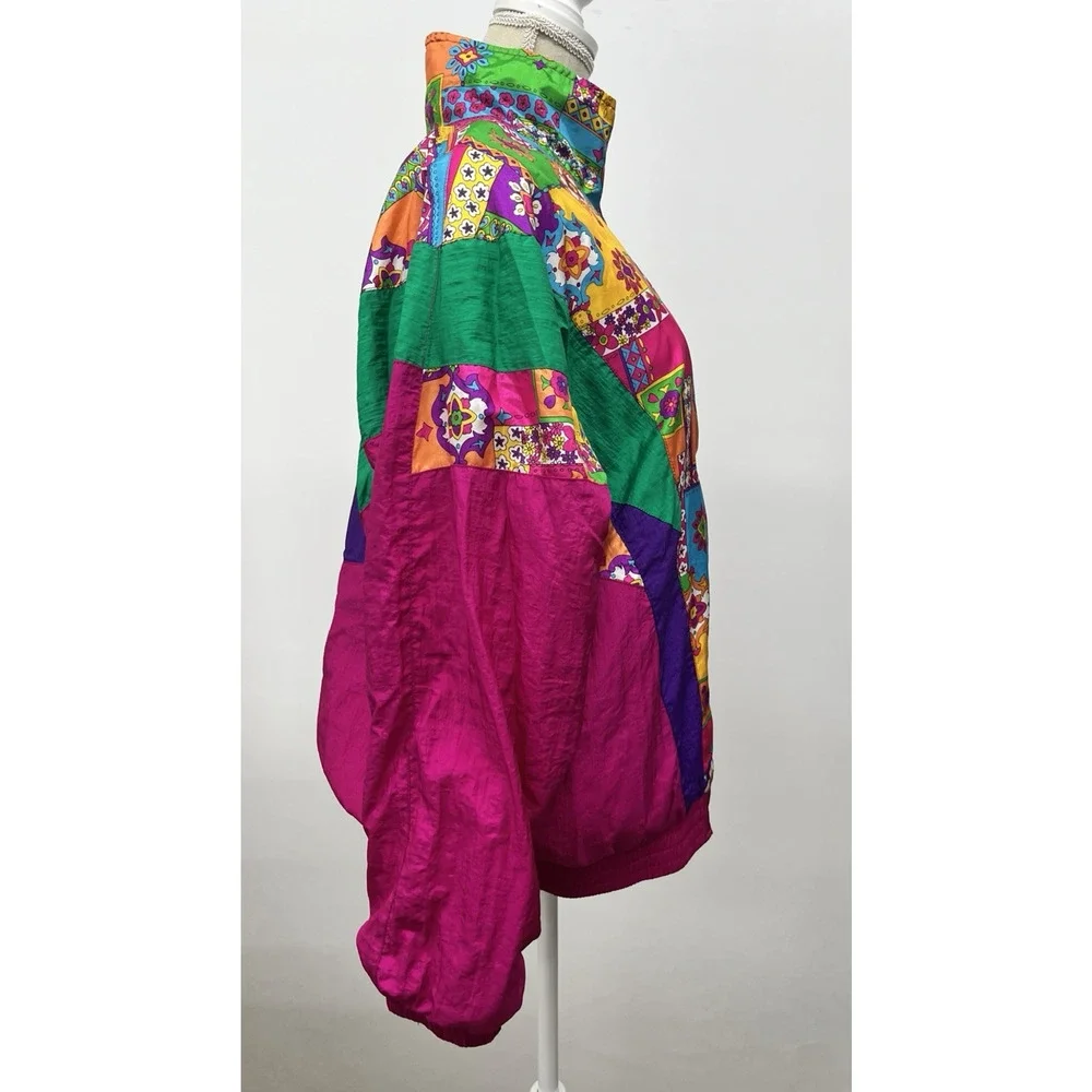 Vintage Windbreaker Jacket Women Large Nylon Loud Geometric Pattern Retro 80s 90